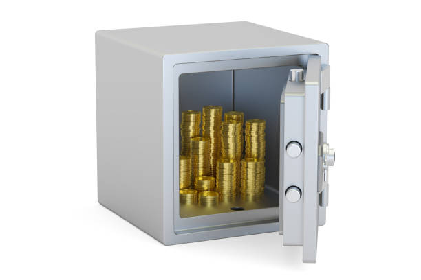 safe box con monete d'oro, rendering 3d - coin bank cash box safety deposit box lock foto e immagini stock