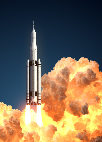 Space Launch System In The Clouds Of Fire. 3D Illustration.