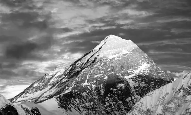 Black and white view of top of Mount Everest from Gokyo valley - way to Everest base camp - Nepal
