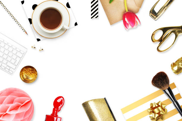 istock Woman modern background. Flat lay. Home workplace. Table view. Business accessories. Mock-up background. Glamour style. 647081142