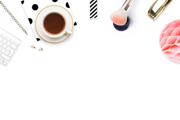 istock Woman modern background. Flat lay. Home workplace. Table view. Coffee with items.Mock-up background. Glamour style. 647081146