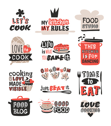 Food logotype restaurant vintage design cooking text phrases badge element label icon and hand drawn stamp retro template vector illustration. Premium quality business menu emblem.