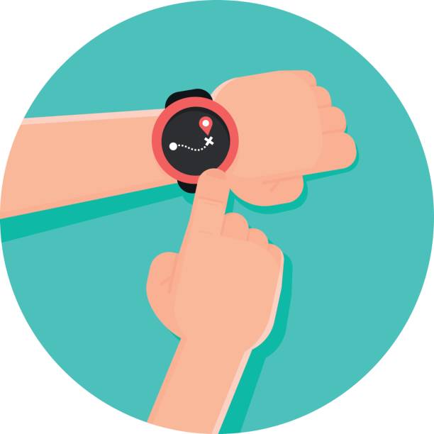 verwenden navigations-app auf einem smart watch - lost in time stock-grafiken, -clipart, -cartoons und -symbole