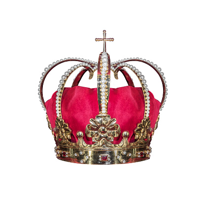Gold crown with jewels isolated on white.
