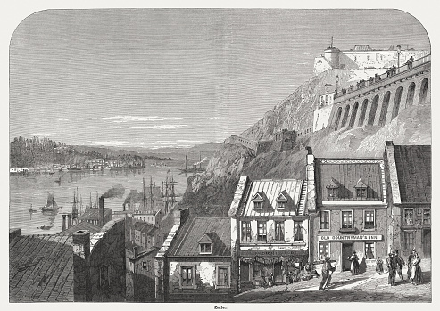 Quebec - Canadian city at St Lawrence River. Wood engraving, published in 1865.