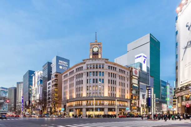 Cityscape in the Ginza District. The district offers high end retail shopping.