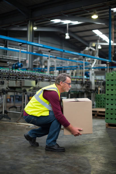 istock Factory worker carrying cardboard box in drinks production factory 647110628