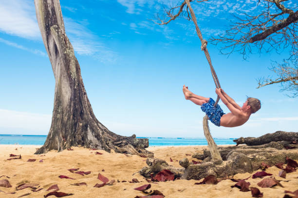 istock Young Boy On A Rope Swing 647114060