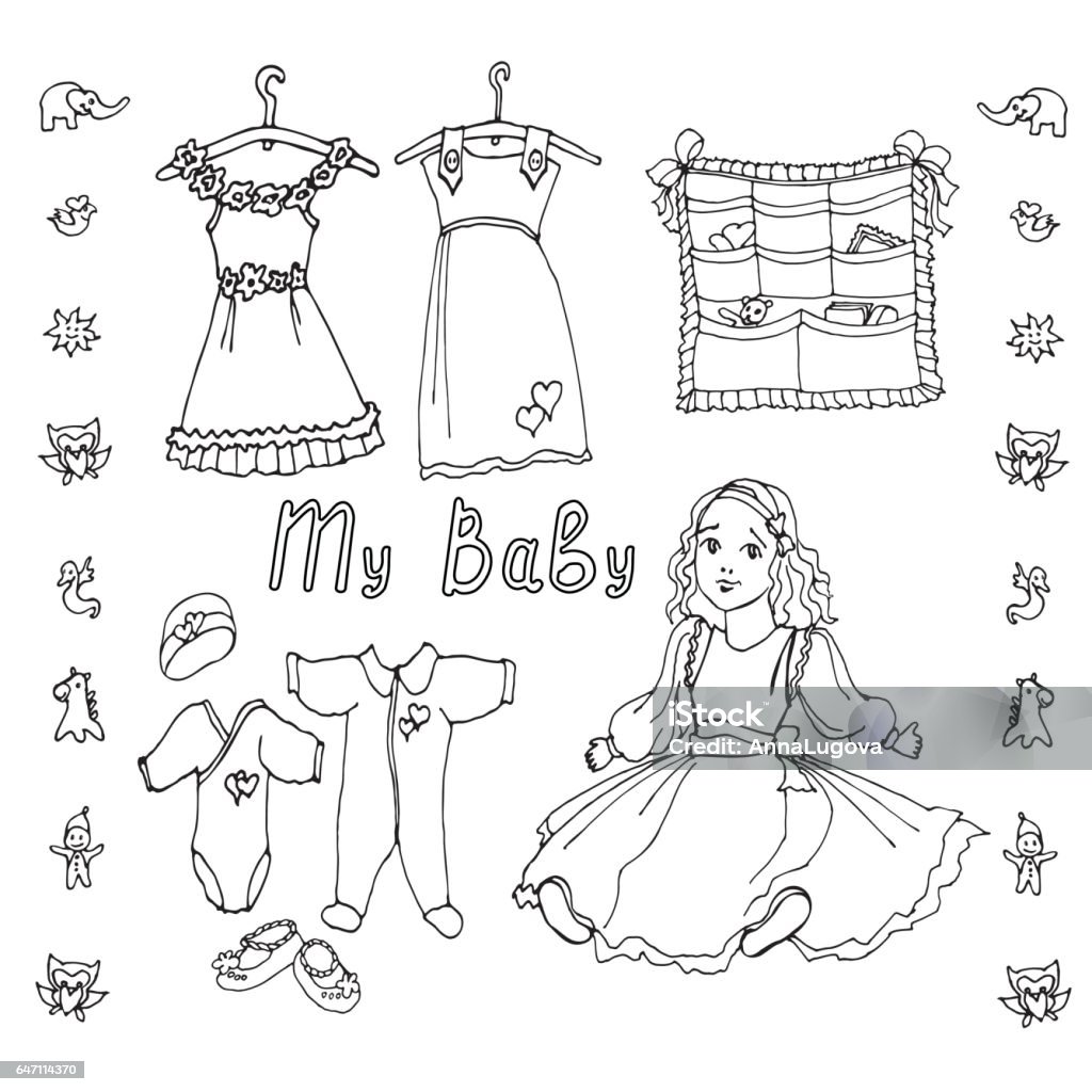 baby doll dress draft items for the baby - doll, dress, clothes, toys	in black and white, letters written my baby Animal Pouch stock vector