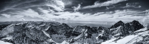 Colorado Rocky Mountain summit panorama in winter.