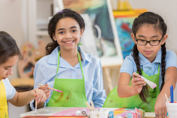 istock Cheerful young female friends paint in art studio 647137956