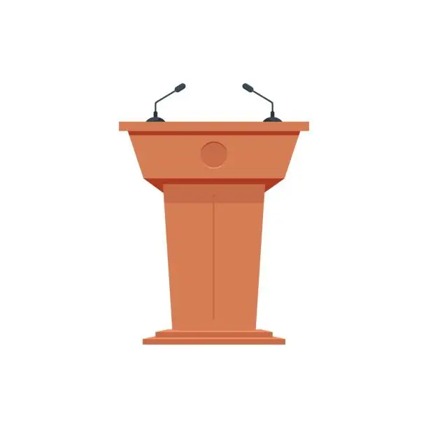 Vector illustration of Wooden podium tribune stand rostrum with microphones. Flat icon.