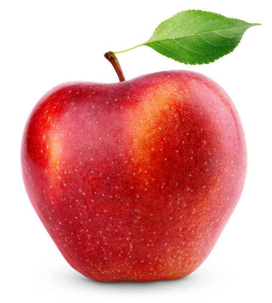 istock Red apple fruit with green leaf isolated on white 647153296
