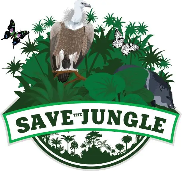 Vector illustration of Vector Jungle Emblem with butterflies and wild pig peccary and Griffon vulture