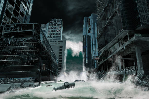 representación cinematográfica de una ciudad destruida por el tsunami - aftershock fotografías e imágenes de stock