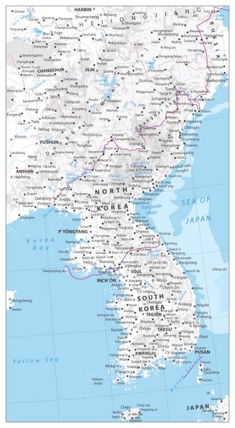 mapa półwyspu koreańskiego mapa fizyczna mapa - korean peninsula stock illustrations