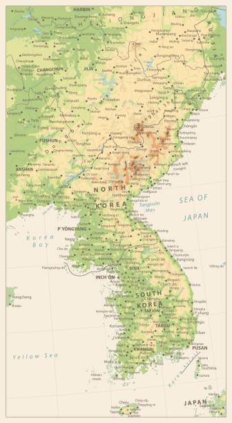 ilustrações de stock, clip art, desenhos animados e ícones de korean peninsula detailed physical map isolated on retro white color - korean peninsula