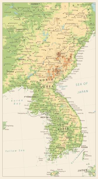 корейский полуостров подробная физическая карта изолирована на ретро белый цвет - korean peninsula stock illustrations