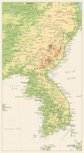 Vector illustration of Korean Peninsula Detailed Physical Map Isolated on Retro White Color