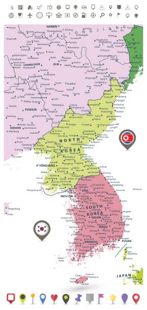illustrations, cliparts, dessins animés et icônes de carte politique détaillée de péninsule coréenne avec des drapeaux et des icônes de navigation - korean peninsula