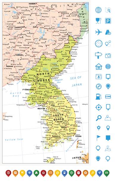 illustrations, cliparts, dessins animés et icônes de carte politique de la péninsule coréenne et pointeurs de carte, carte de la corée du nord et du sud - korean peninsula