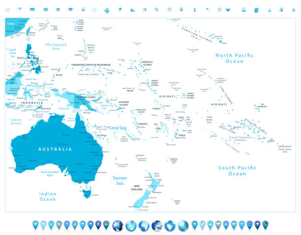 australia i oceania szczegółowa mapa polityczna w kolorach niebieskim i ikony nawigacji - philippines flag vector illustration and painting stock illustrations