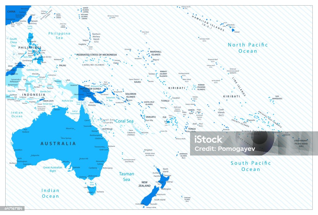 Australia and Oceania detailed map blue colors Australia and Oceania detailed map blue colors. All elements are separated in editable layers clearly labeled. Map stock vector