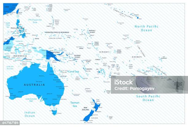 Australia And Oceania Detailed Map Blue Colors Stock Illustration - Download Image Now - Map, Australia, Vanuatu