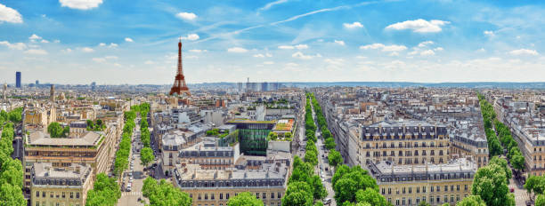 Beautiful panoramic view of Paris from the roof of the Triumphal Arch. View of the Eiffel Tower. stock photo