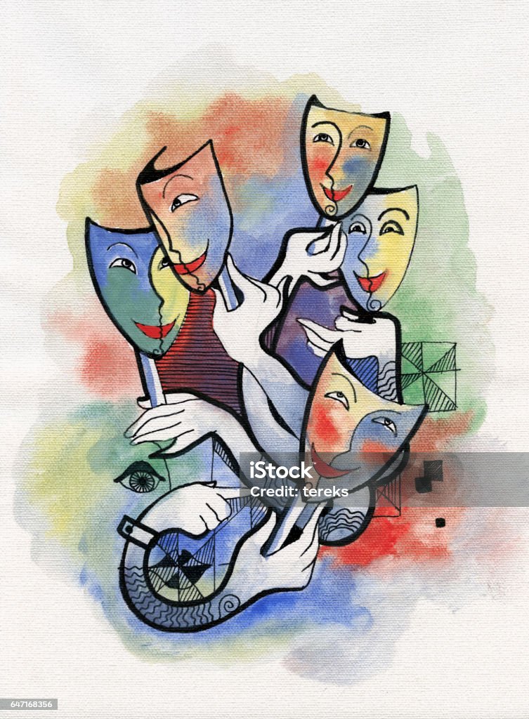 Theatrical masks Five theatrical masks and hands. Modern style. Acting - Performance stock illustration