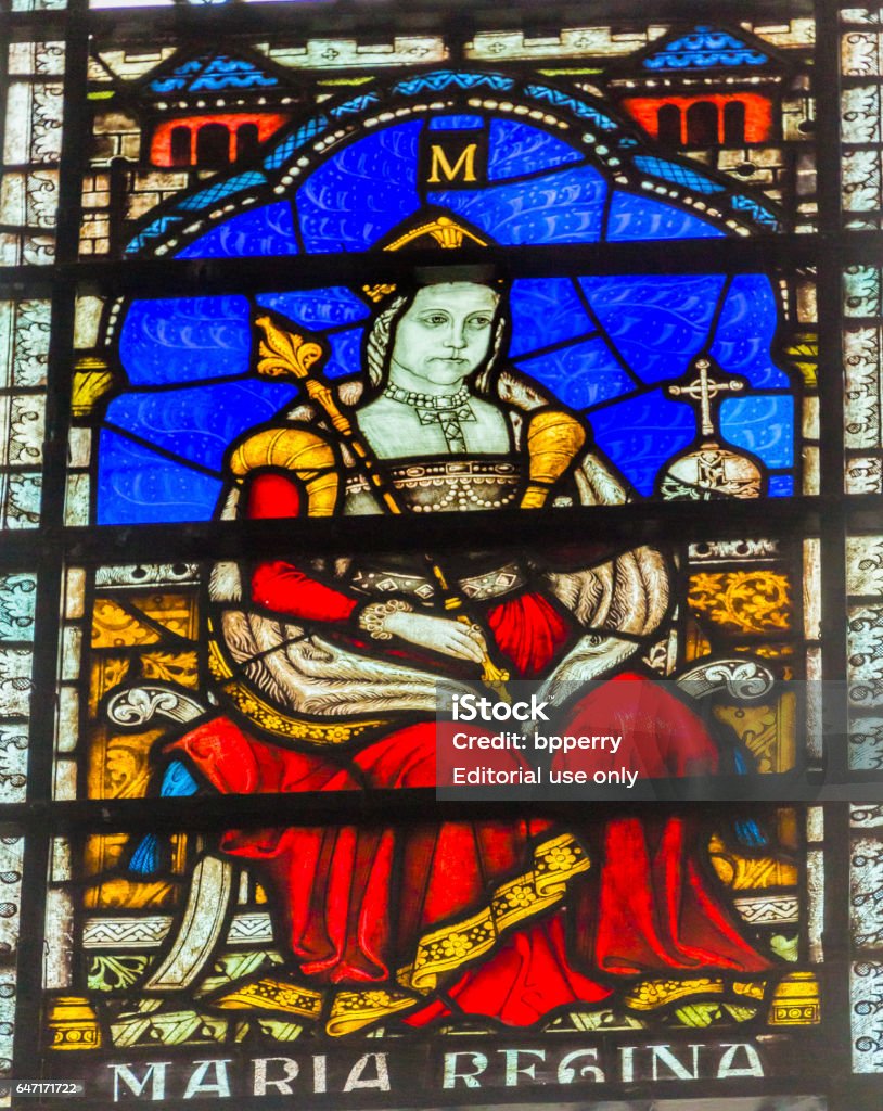 Queen Bloody Mary Stained Glass Chapter House Westminster Abbey London England Queen Bloody Mary Stained Glass 13th Century Chapter House Westminster Abbey Church London England.  Mary was queen from 1153 to 1558 before Elizabeth.  Her executions of Protestants gave her the Bloody name. Westminister Abbey has been the burial place of Britain's monarchs since the 11th century and is the setting for many coronations and weddings. Mary I of England Stock Photo