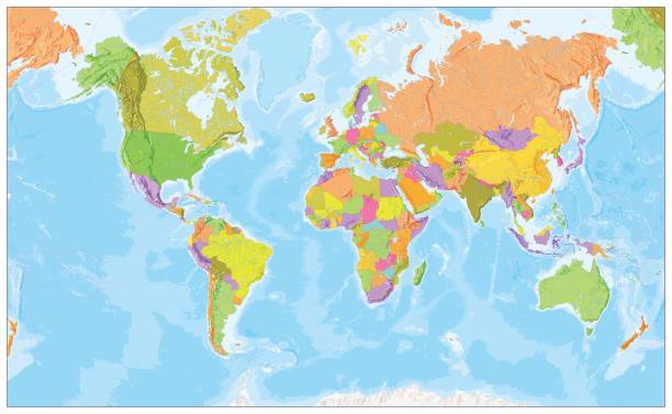 istock Physical World Map in colors of political World Map 647178918