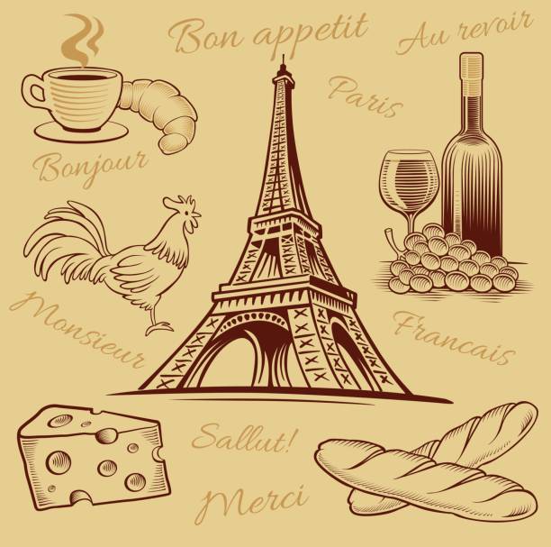 istock typical france food, croissant, wine, cheese, eiffel tower hand drawing 647179464