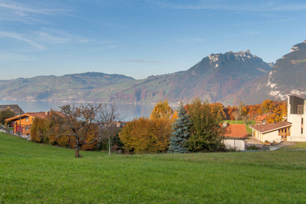 панорамный вид на озеро тун в швейцарии apls возле города interlaken - berne switzerland thun jungfrau стоковые фото и изображения