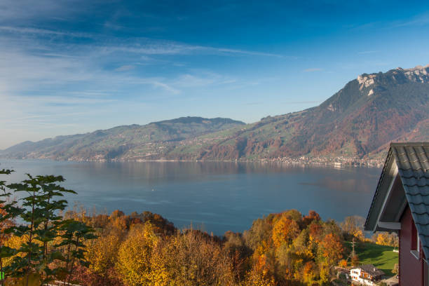 панорамный вид на озеро тун в швейцарии apls возле города interlaken - berne switzerland thun jungfrau стоковые фото и изображения