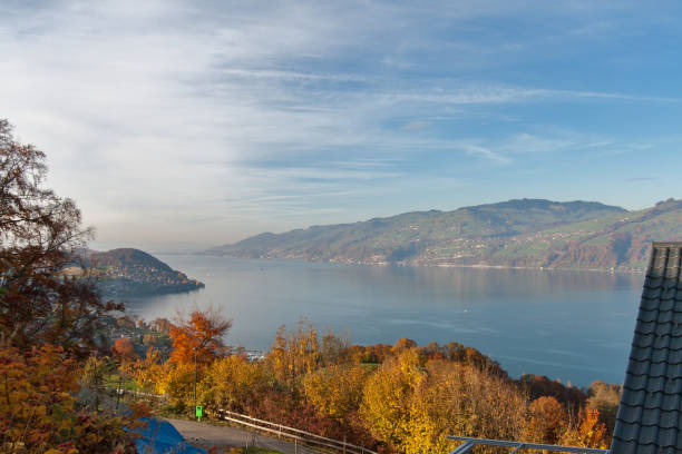 панорамный вид на озеро тун в швейцарии apls возле города interlaken - berne switzerland thun jungfrau стоковые фото и изображения