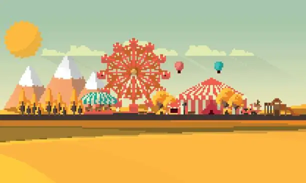 Vector illustration of Flat Vector Illustration Amusement park at autumn daytime flat illustration