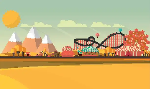 Vector illustration of Flat Vector Illustration Amusement park at autumn daytime flat illustration