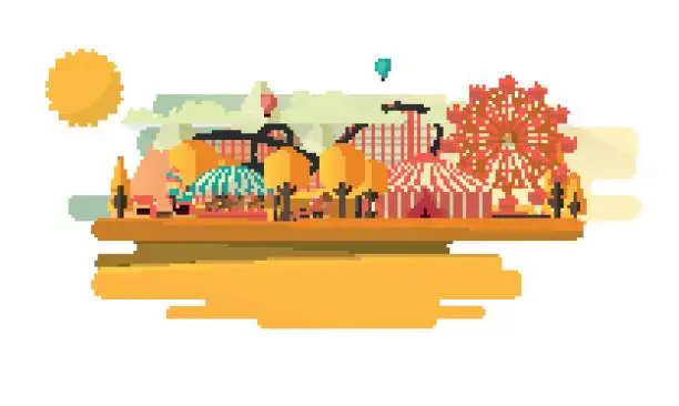 Vector illustration of Flat Vector Illustration Amusement park at autumn daytime flat illustration