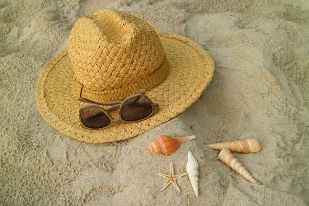 light brown straw hat and brown sunglasses on the sandy beach with little seashells - sandy brown fotos imagens e fotografias de stock