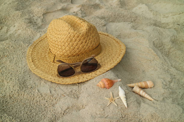 chapeau de paille brun clair et bruns lunettes de soleil sur la plage de sable avec une multitude de petits coquillages - sandy brown photos photos et images de collection