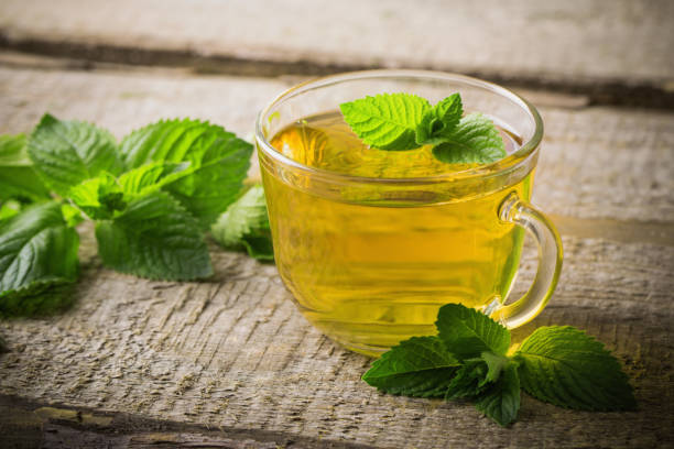 cups of tea with mint on wooden stock photo