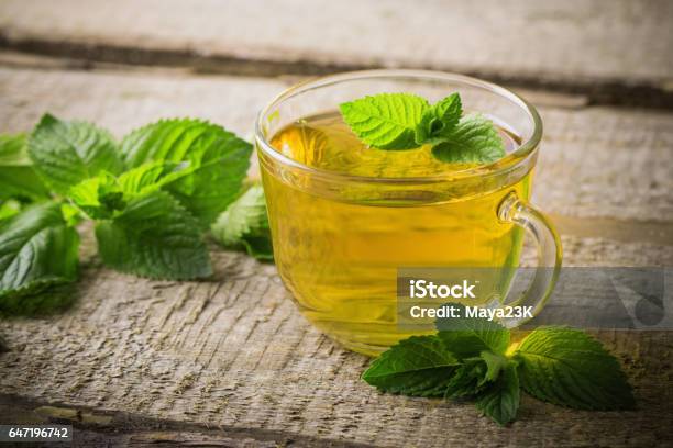 Cups Of Tea With Mint On Wooden Stock Photo - Download Image Now - Tea - Hot Drink, Peppermint, Mint Tea