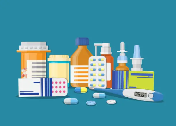 Vector illustration of Different medical pills and bottles,