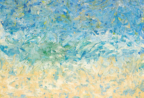 Summer abstract oil paint background. Sky, clouds,sea,beach. Palette knife paint texture.Soft lens effect.