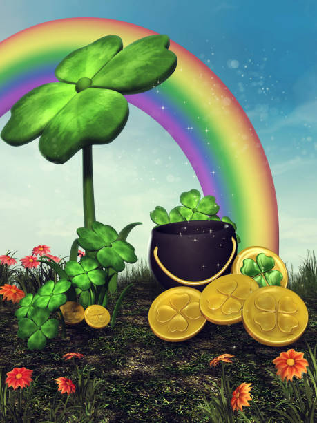 istock Fantasy clove, rainbow and coins 647210952