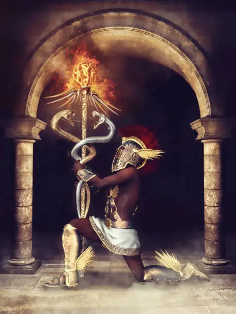 Fantasy ancient priest with a burning caduceus, kneeling in front of a dark gate. 3D render.
