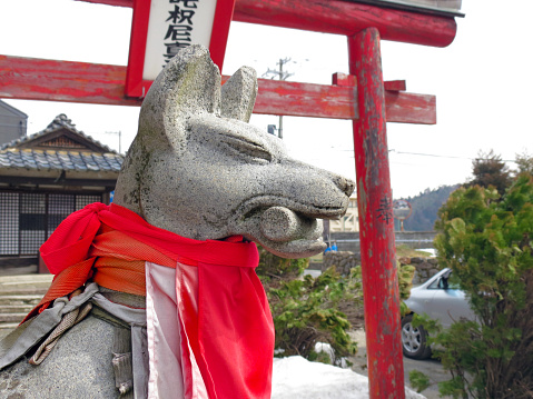 A statue of Inari Okami (the fox god) at Kinomotojizo-in, Kinomoto District, Nagahama, Shiga-ken, Japan