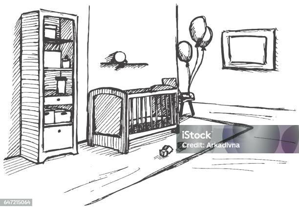 Childs Room In A Sketch Style Nursery Cots Changing Table Vector Illustration Stock Illustration - Download Image Now