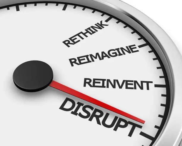 Disrupt Rethink Reimagine Reinvent Speedometer Words Change 3d Illustration rendering